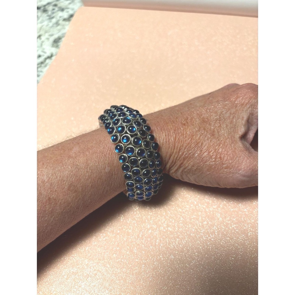 Vintage Blue Cabochon Stretch Cuff Bracelet Silver Tone Triple Row Expansion